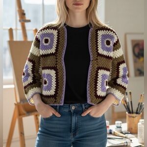 Handmade cotton yarn Women's Crochet cropped Cardigan Sweater size small medium